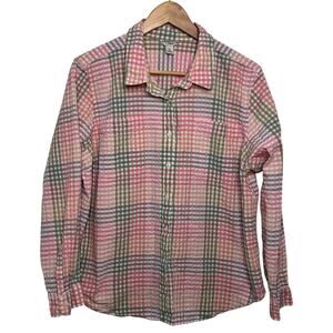 L.L. Bean 100% Cotton Vacationland Seersucker Long Sleeve Plaid Shirt XL Petite